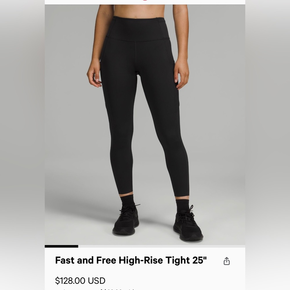 Lululemon fast and free legging, 25”, Sz 2, Black, Like New